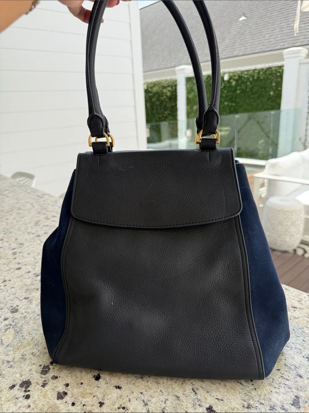 Tory Burch Black Leather with Navy Suede Top-Handle Satchel